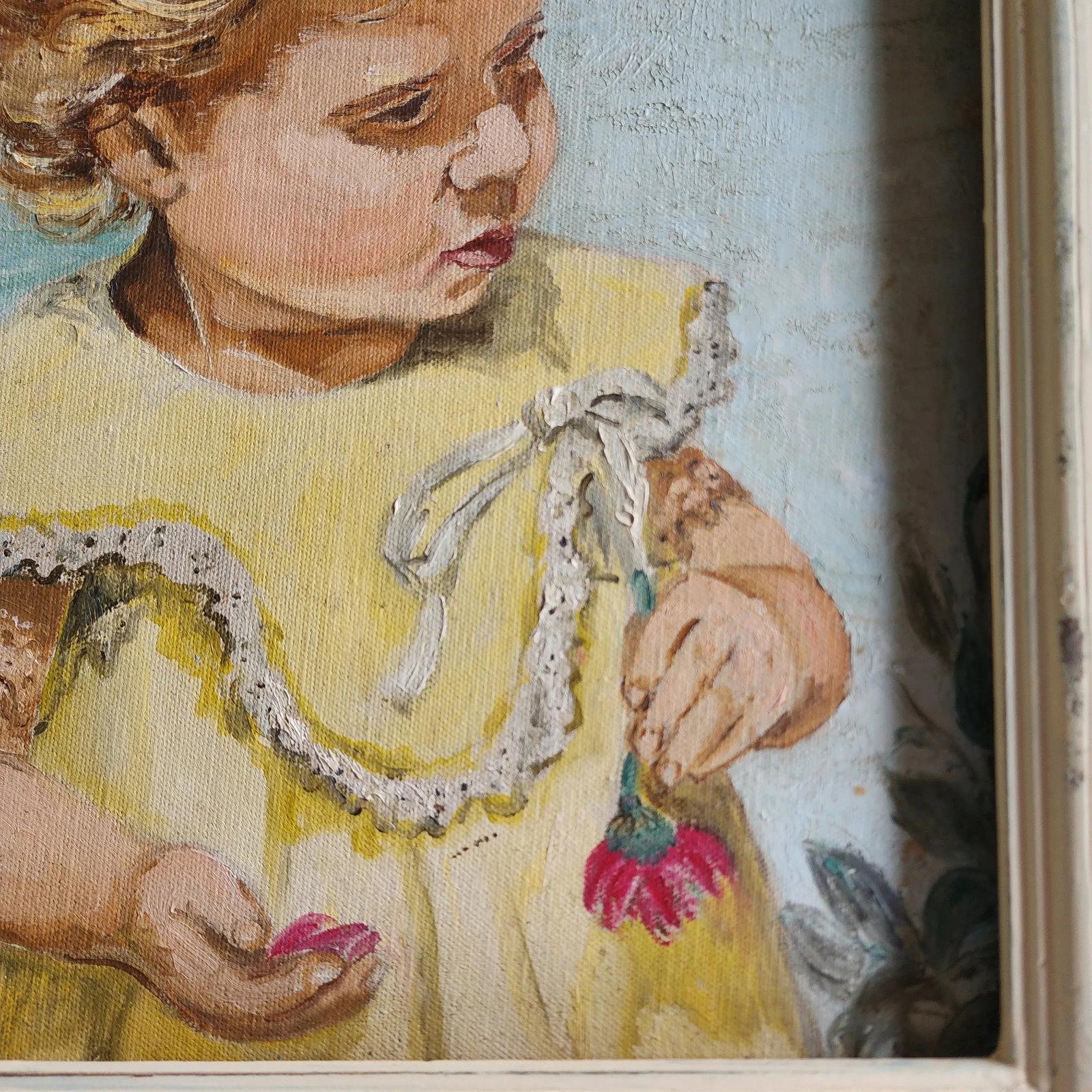 Mid 20th Century Expressionist Portrait Painting of a Baby Girl in a Yellow Dress, Framed - 5