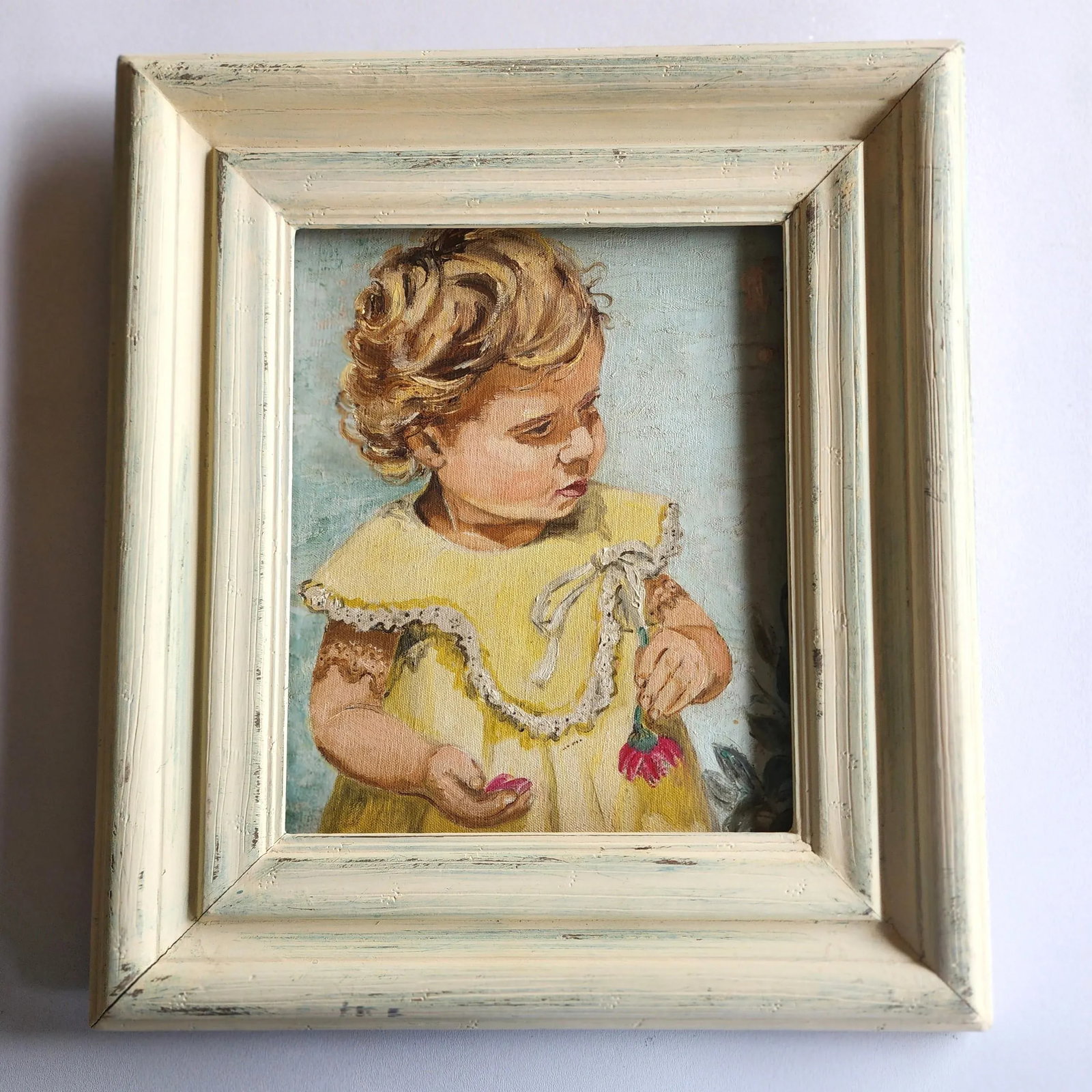 Mid 20th Century Expressionist Portrait Painting of a Baby Girl in a Yellow Dress, Framed - 7