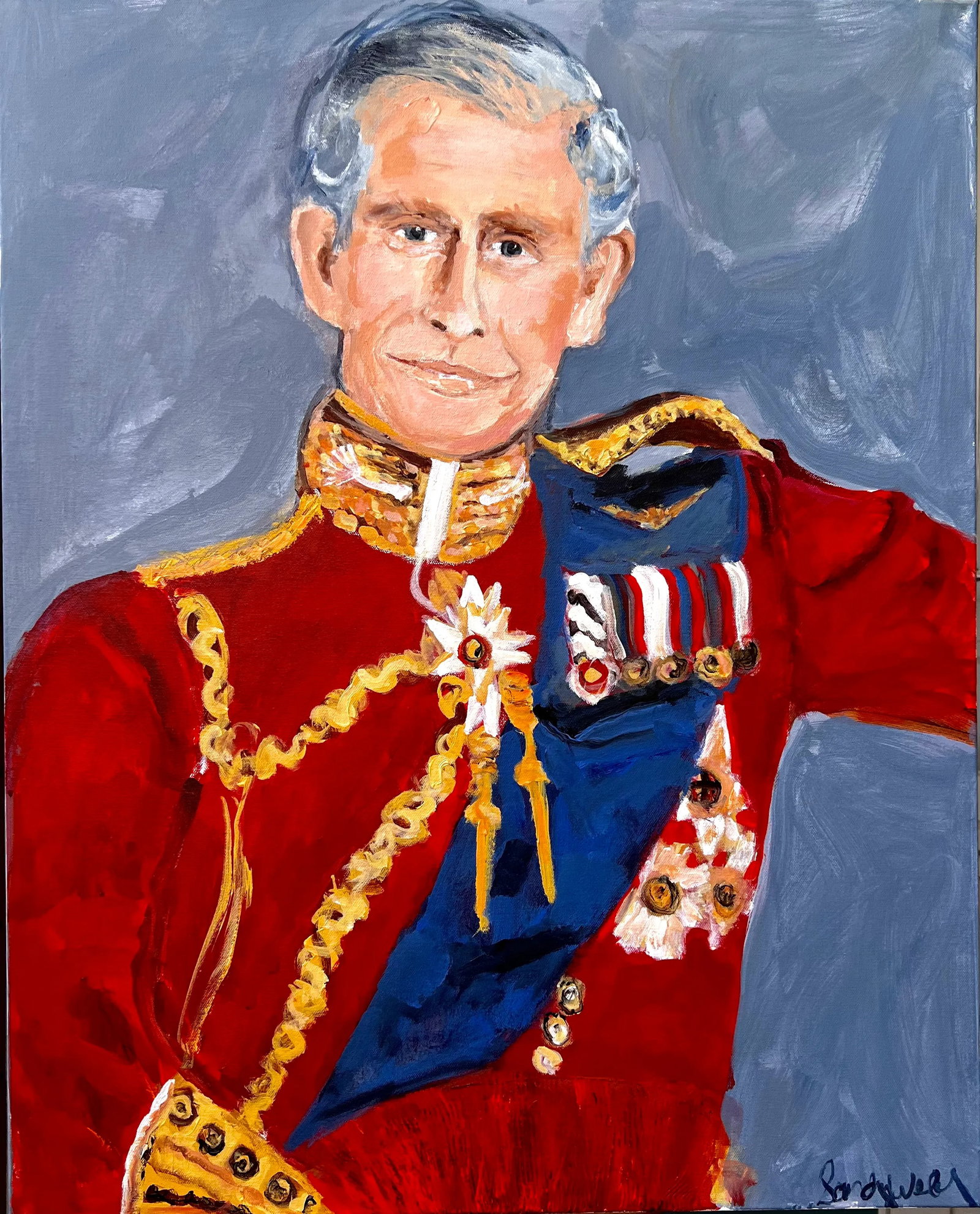King Charles III Original Expressionist Portrait Acrylic Painting by Sandy Welch: How handsome King Charles III looks....formally known as the Prince of Whales, He Became King...His majesty works closely with many organizations publicly supporting a wide variety of causes relating
