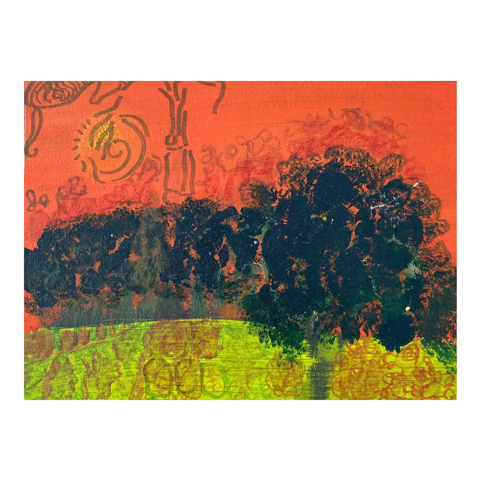 1970s Larry Connatser Landscape Painting: Acrylic on board from the estate of Atlanta self taught artist Laurence Stuart Connatser (1938-1996). Connatser was born in Birmingham, Alabama and grew up in Atlanta. He earned degree in literature