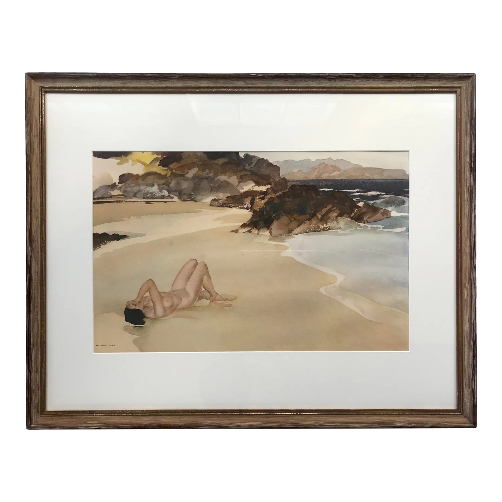 Vintage Seascape Print With Nude Woman on Beach ~ William Russell Flint: Circa 1950s reproduction of an original watercolor painting by Sir William Russell Flint (1880 - 1969). Flint was a Scottish artist and illustrator primarily known for his watercolor images of women.