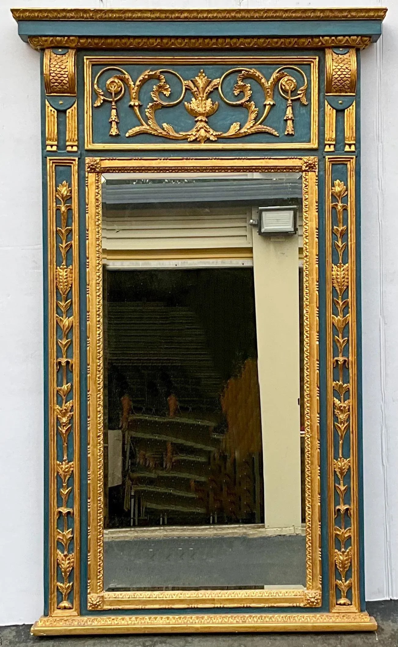 Large Scale Blue Painted Italian Carved Giltwood Neo-Classical Style Trumeau Wall Mirror - 10