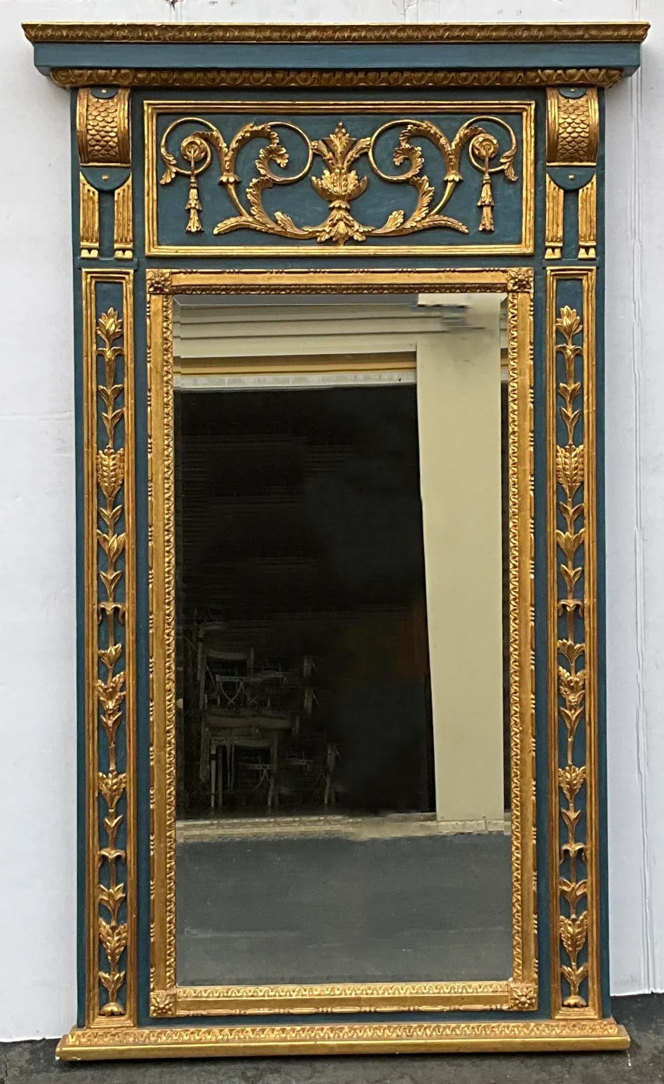 Large Scale Blue Painted Italian Carved Giltwood Neo-Classical Style Trumeau Wall Mirror - 11