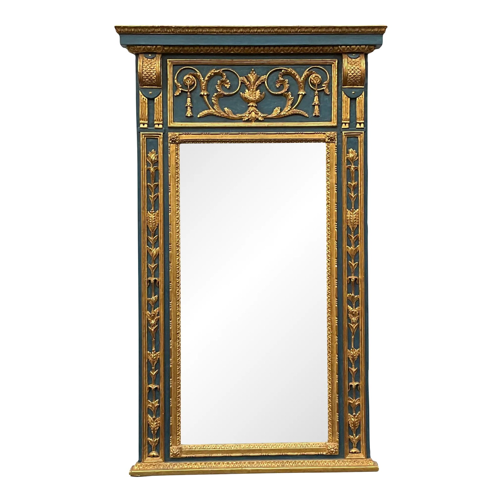 Large Scale Blue Painted Italian Carved Giltwood Neo-Classical Style Trumeau Wall Mirror: This is a large scale Italian blue painted and carved giltwood trumeau style mirror. The coloration is vivid and wonderful. It is unmarked and in very good condition. Condition: Alterations: Original 