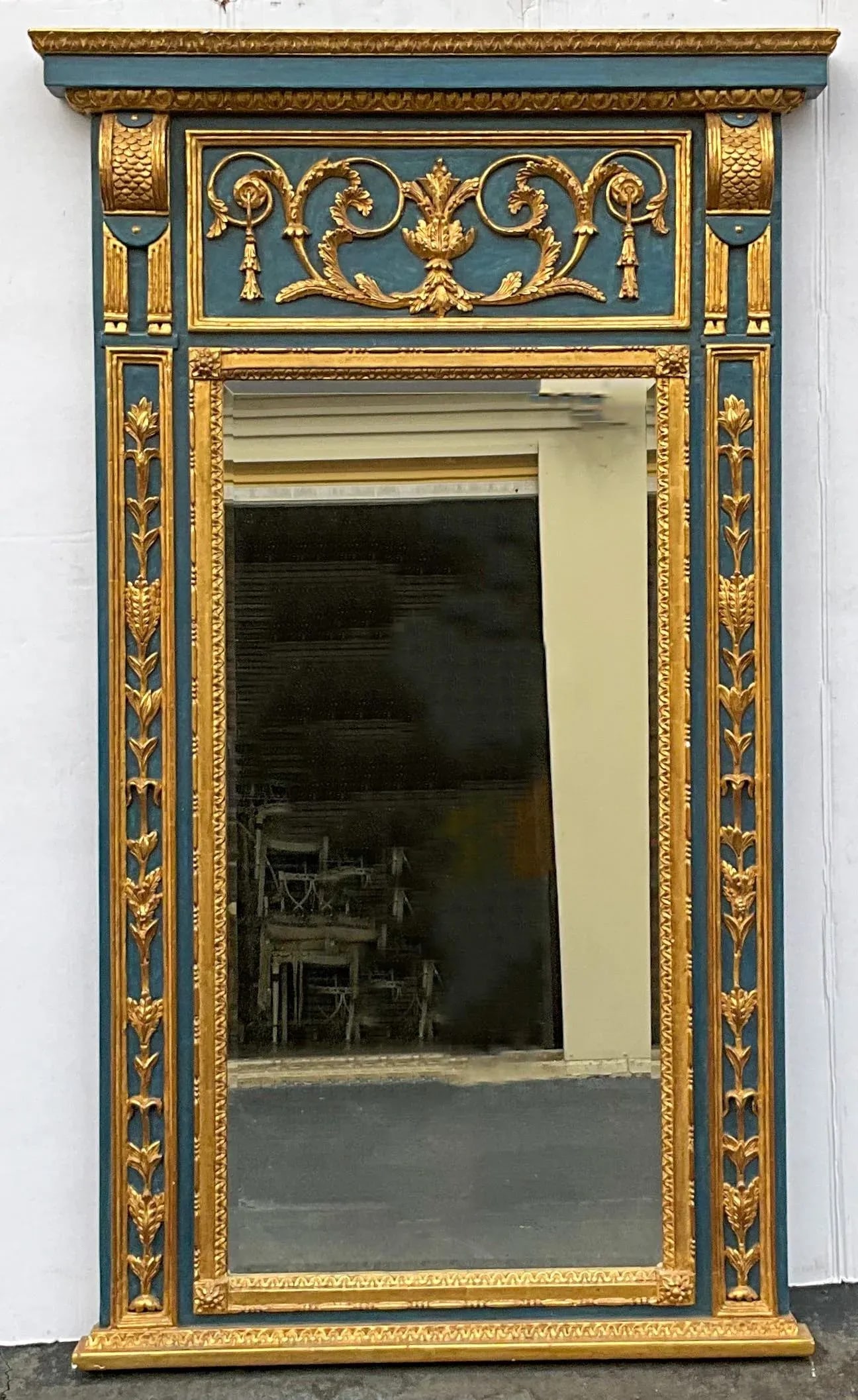 Large Scale Blue Painted Italian Carved Giltwood Neo-Classical Style Trumeau Wall Mirror - 2