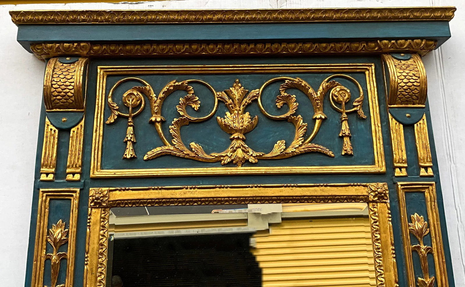 Large Scale Blue Painted Italian Carved Giltwood Neo-Classical Style Trumeau Wall Mirror - 3