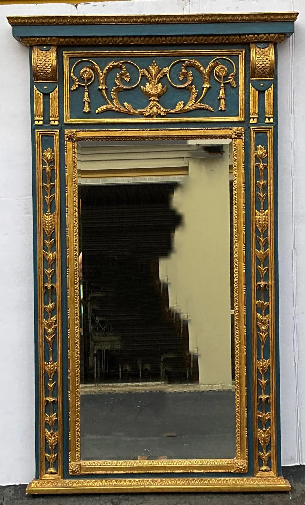 Large Scale Blue Painted Italian Carved Giltwood Neo-Classical Style Trumeau Wall Mirror - 4