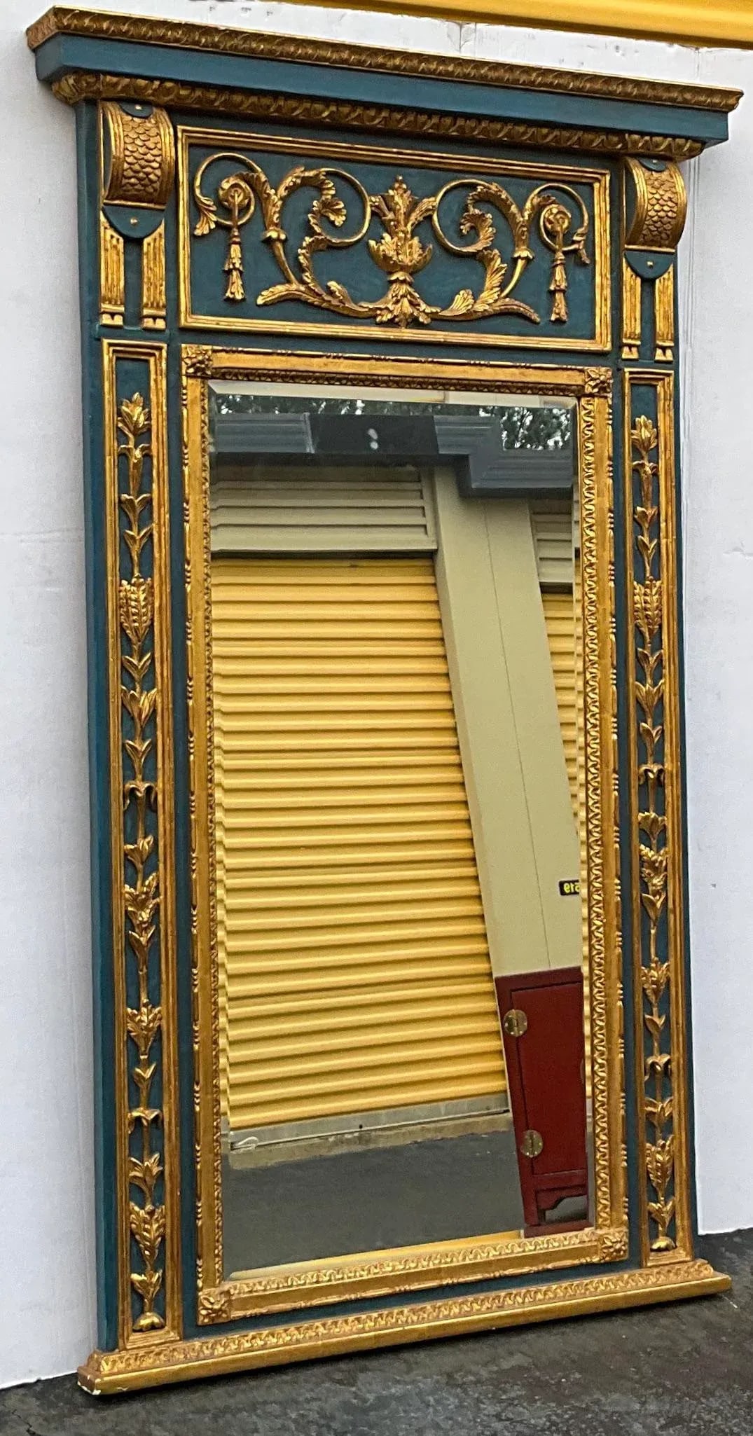 Large Scale Blue Painted Italian Carved Giltwood Neo-Classical Style Trumeau Wall Mirror - 5