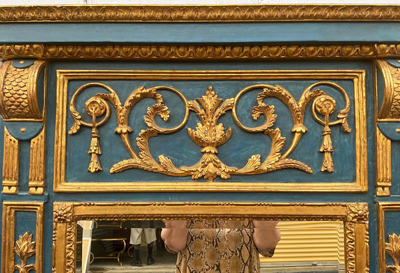 Large Scale Blue Painted Italian Carved Giltwood Neo-Classical Style Trumeau Wall Mirror - 6