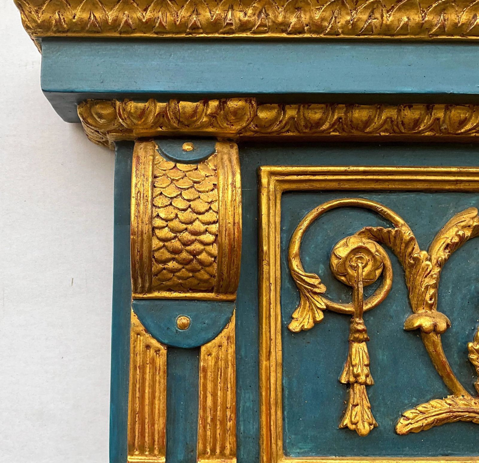 Large Scale Blue Painted Italian Carved Giltwood Neo-Classical Style Trumeau Wall Mirror - 7