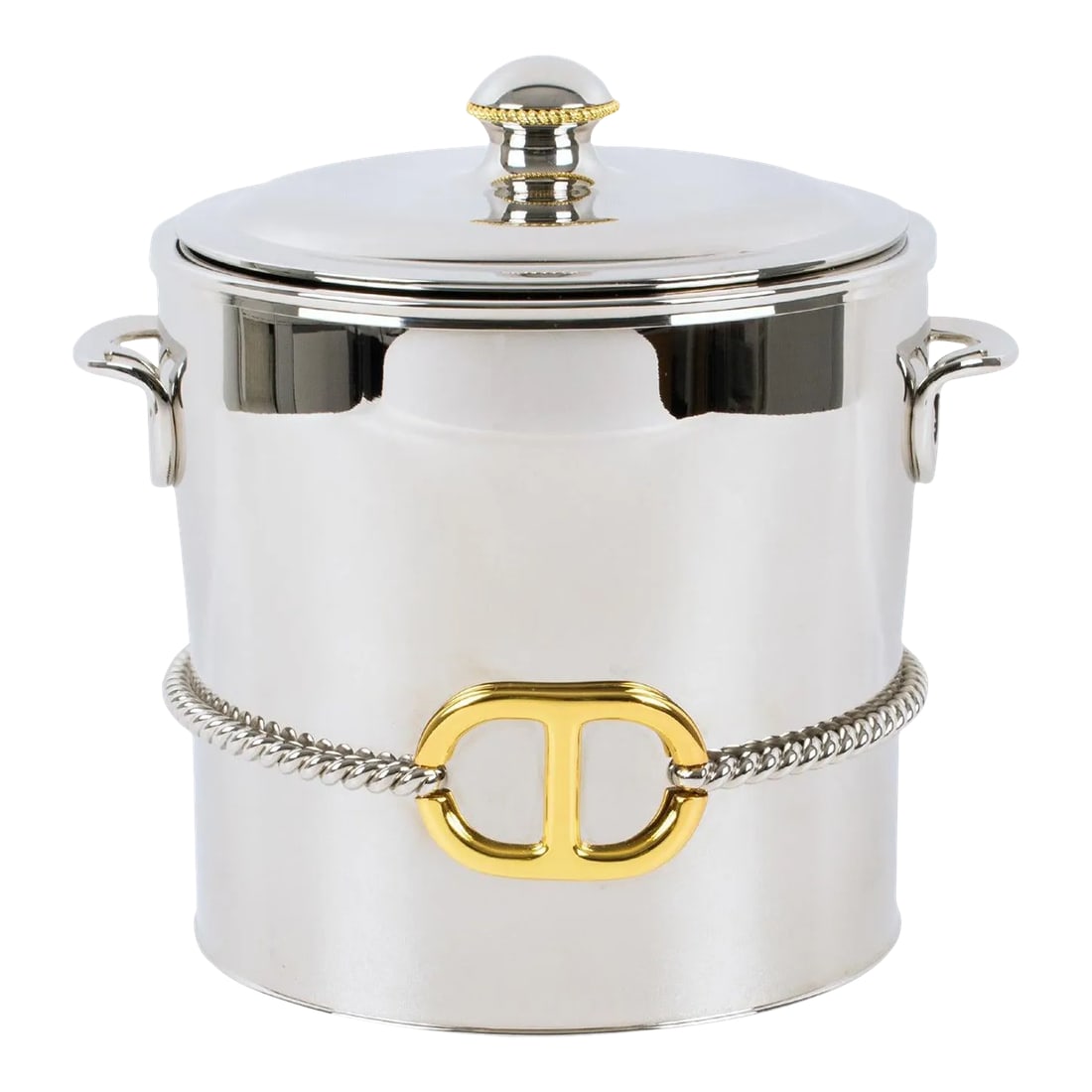 Gucci Italy Silvered and Gilt Metal Barware Ice Bucket: Gucci, Italy, crafted this luxury gold-plated and silvered metal barware ice bucket in the 1980s. This bar accessory has a sleek and modernist design. It is made from silvered metal with stylized GG h