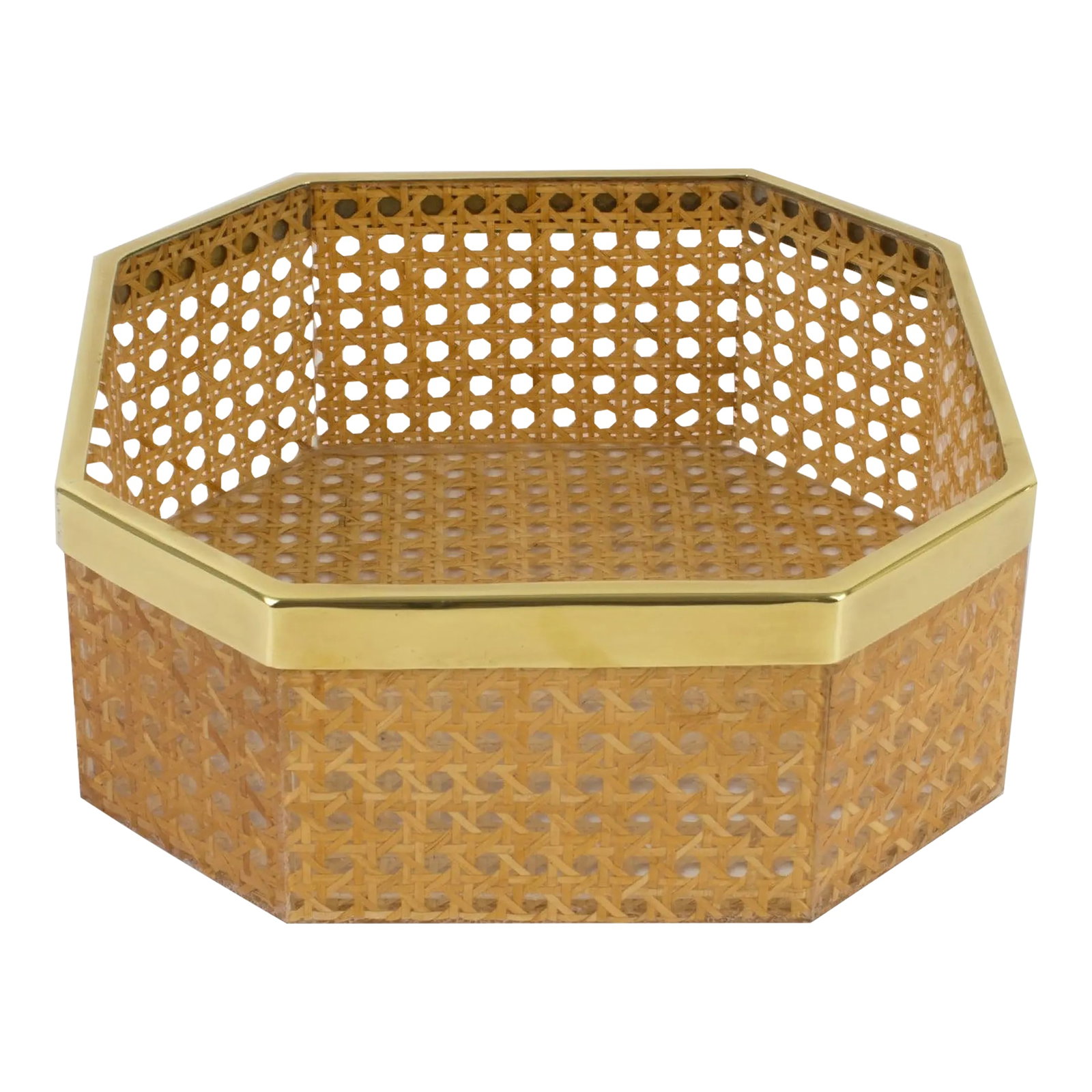 Christian Dior Home Lucite and Rattan Basket Bowl Centerpiece, Circa 1970: This stunning centerpiece basket or decorative bowl was designed for the Christian Dior Interior Collection circa 1970. The geometric shape features a brass metal gallery and genuine rattan or wicker