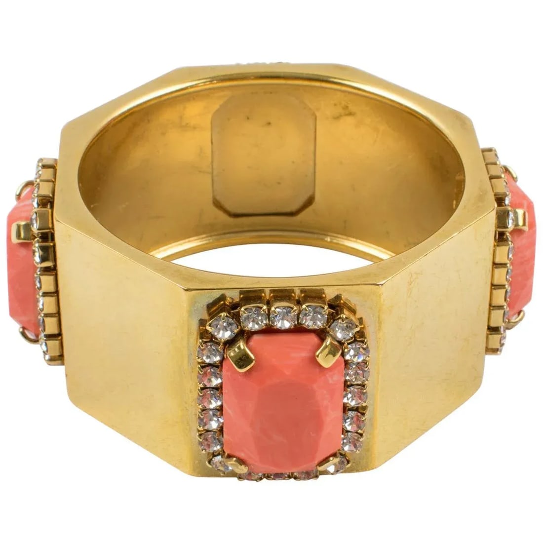 Valentino Jeweled Gilt Metal Bracelet Bangle With Coral Resin Cabochons - 2