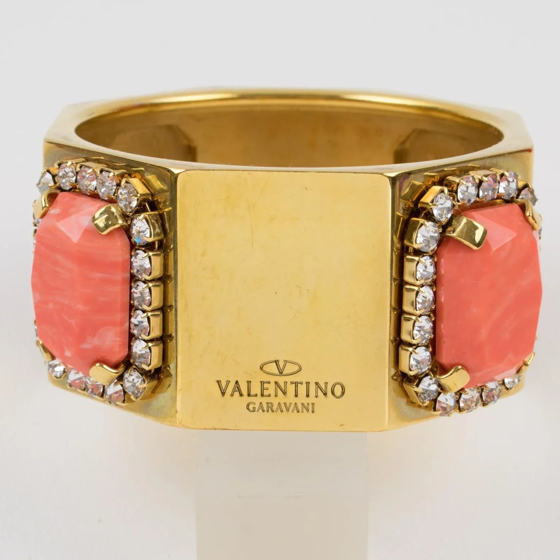 Valentino Jeweled Gilt Metal Bracelet Bangle With Coral Resin Cabochons - 4