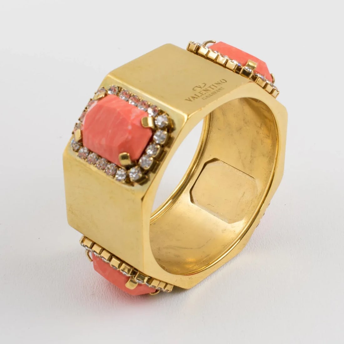 Valentino Jeweled Gilt Metal Bracelet Bangle With Coral Resin Cabochons - 5