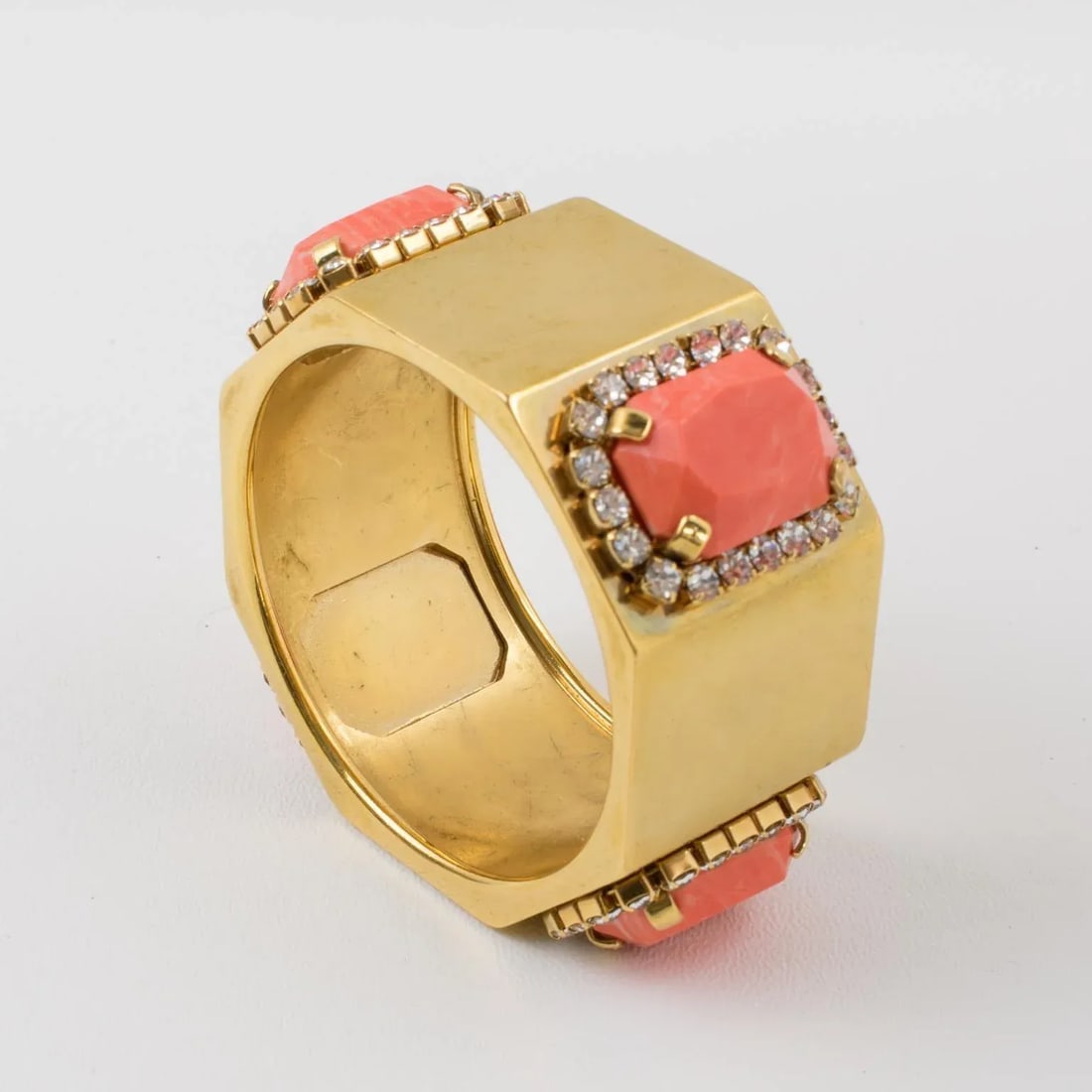 Valentino Jeweled Gilt Metal Bracelet Bangle With Coral Resin Cabochons - 6
