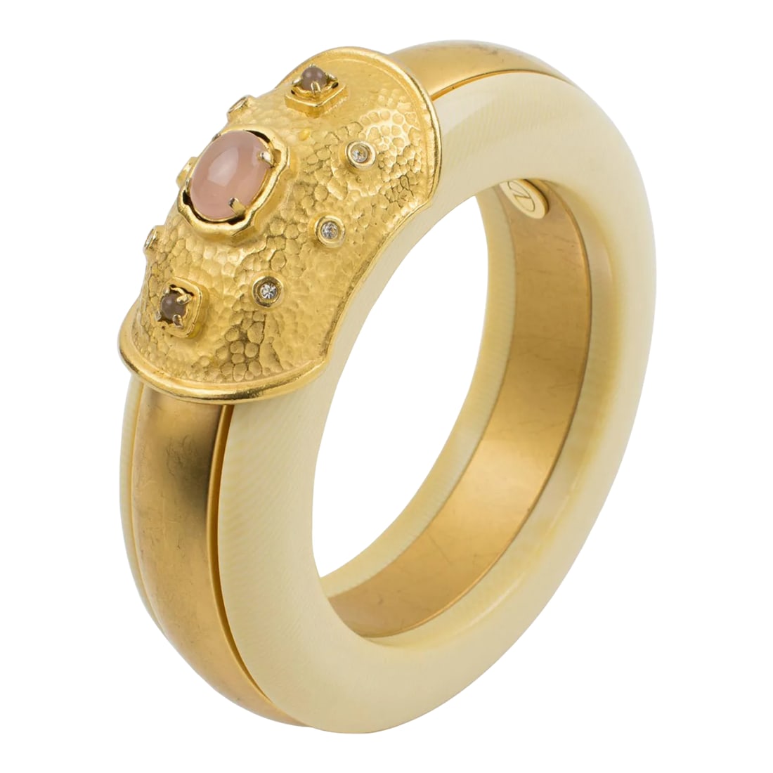 Valentino Haute Couture Jeweled Bracelet Bangle: This is part of Chairish's Costume Jewelry assortment. This striking Valentino Garavani Haute Couture bracelet bangle features a chunky domed shape with a laminated design built with gilt metal in a