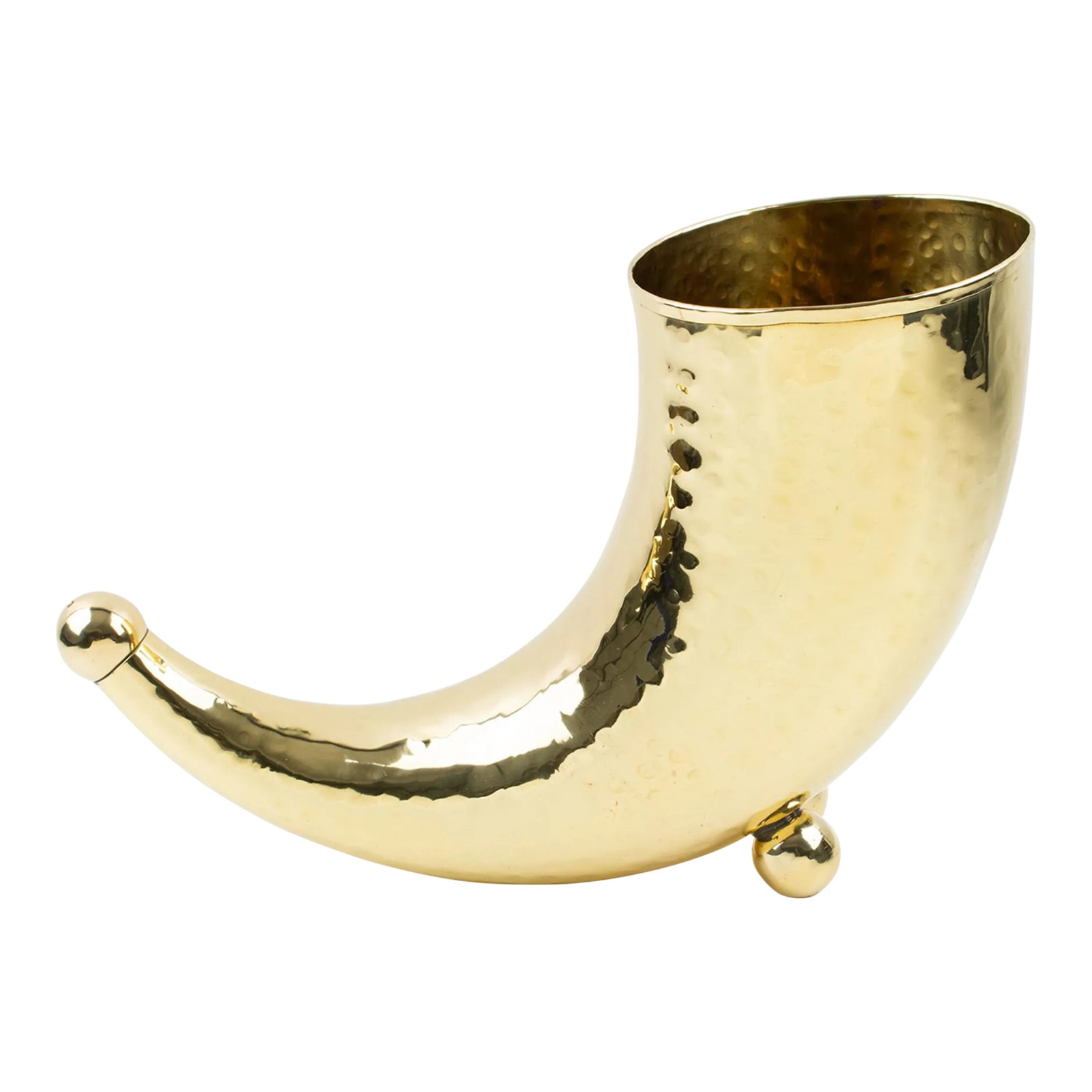 Modernist Brass Horn of Plenty Wine Champagne Cooler Bottle Holder Vase: Stylish modernist brass wine cooler or vase. This ultra-chic bottle holder or champagne ice bucket features a whimsical minimalist horn of plenty with bead feet and high glossy metal with a slightly h