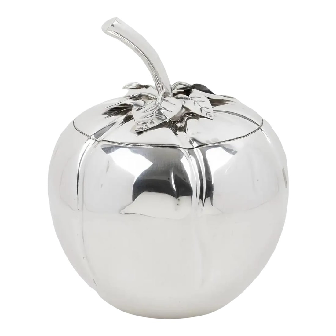 Teghini Firenze Silver Plate Tomato-shaped Ice Bucket, Italy 1960s: This lovely modernist silver plate ice bucket was designed by Teghini Firenze in the 1980s. The piece features a rounded shape with an oversized stylized tomato design with a lid and a strainer