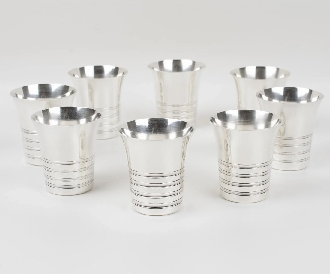 Art Deco Silver Plate Cocktail Shaker and Eight Barware Glasses, France 1940s - 10