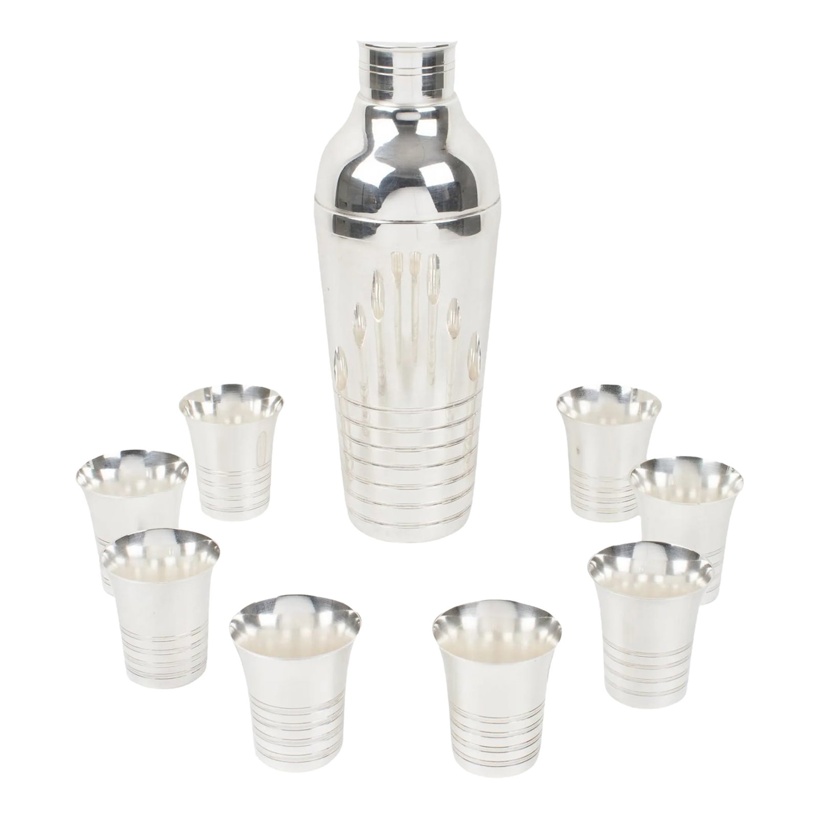 Art Deco Silver Plate Cocktail Shaker and Eight Barware Glasses, France 1940s (1 of 12)