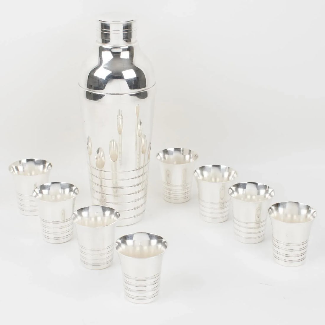 Art Deco Silver Plate Cocktail Shaker and Eight Barware Glasses, France 1940s - 2