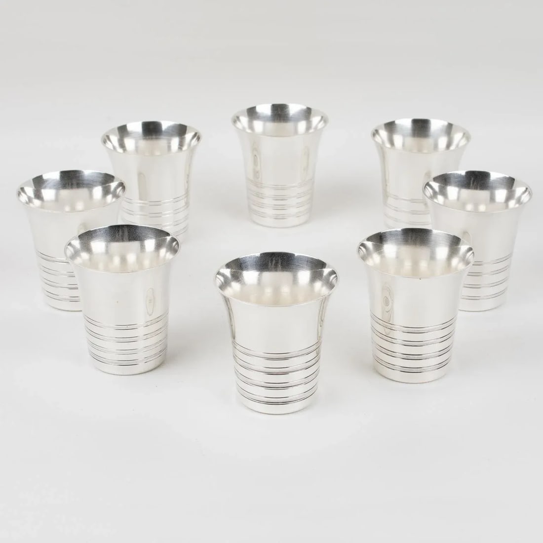 Art Deco Silver Plate Cocktail Shaker and Eight Barware Glasses, France 1940s - 9