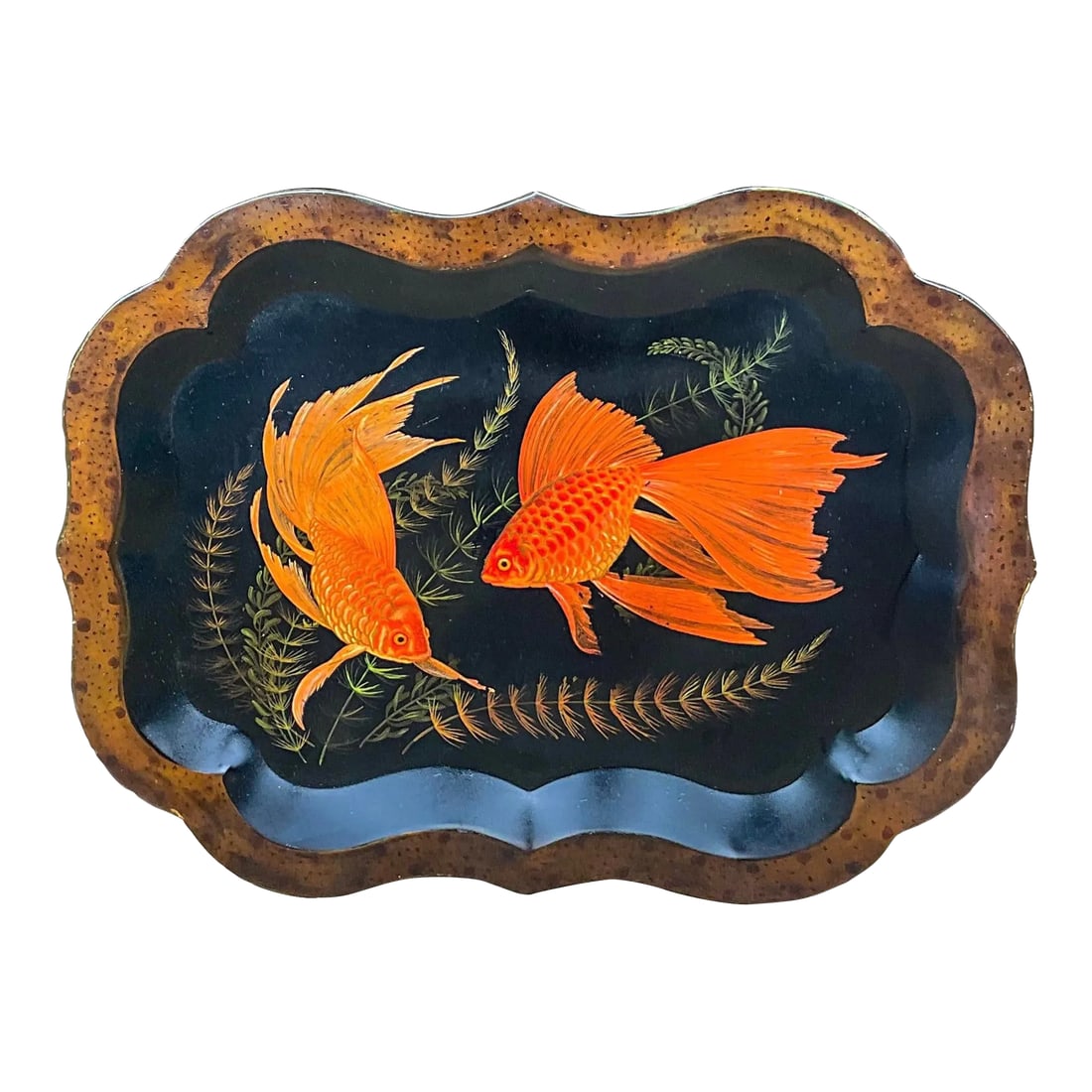 19th-C. English Tole Tray With Recent Faux Tortoise and Fish / Carp Painting: This is a lovely early English black toleware tray. I believe the faux tortoise paint along the rim along with the two carp and sealift are vintage additions. The tray does show same age appropriate