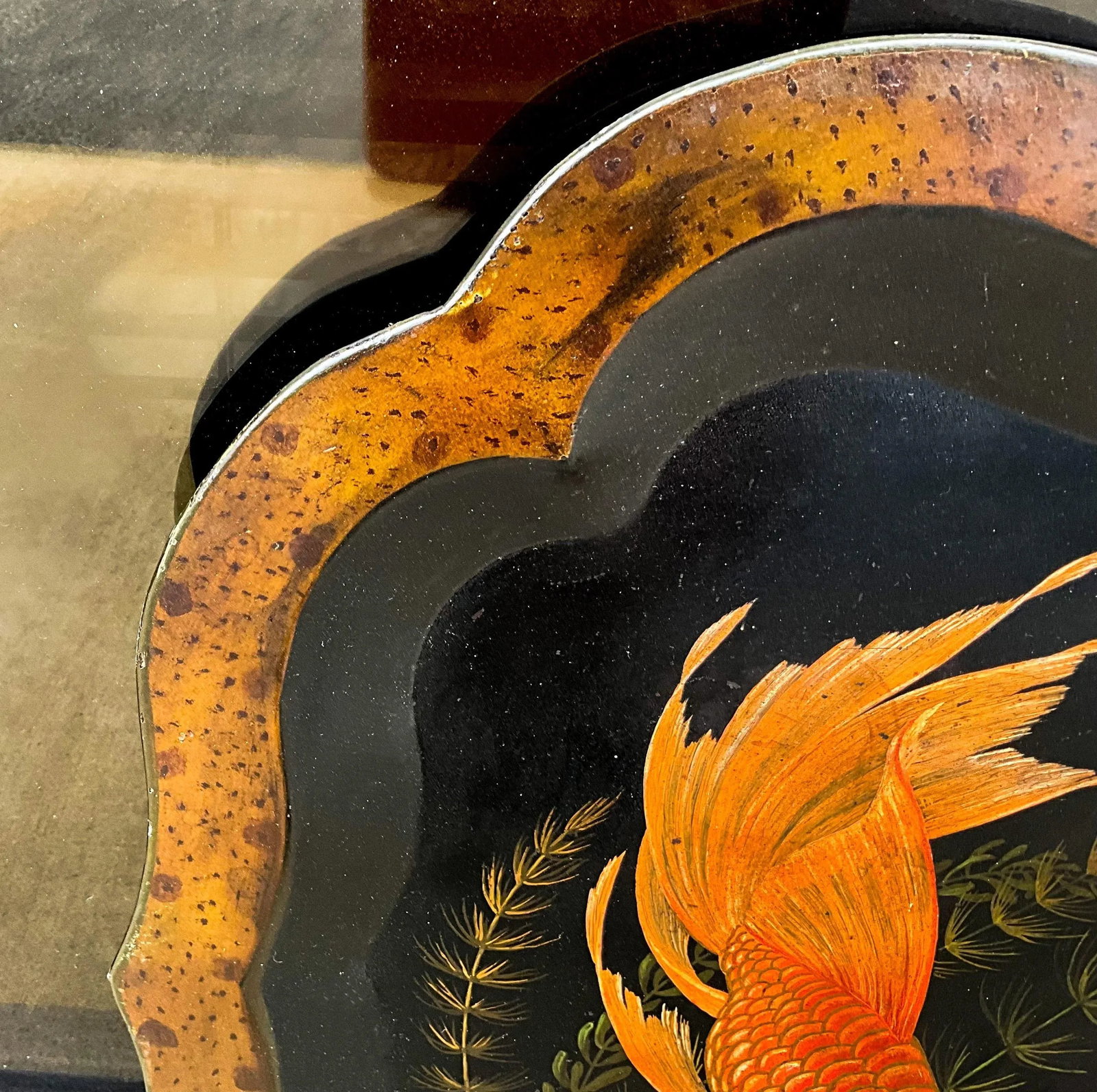 19th-C. English Tole Tray With Recent Faux Tortoise and Fish / Carp Painting - 2