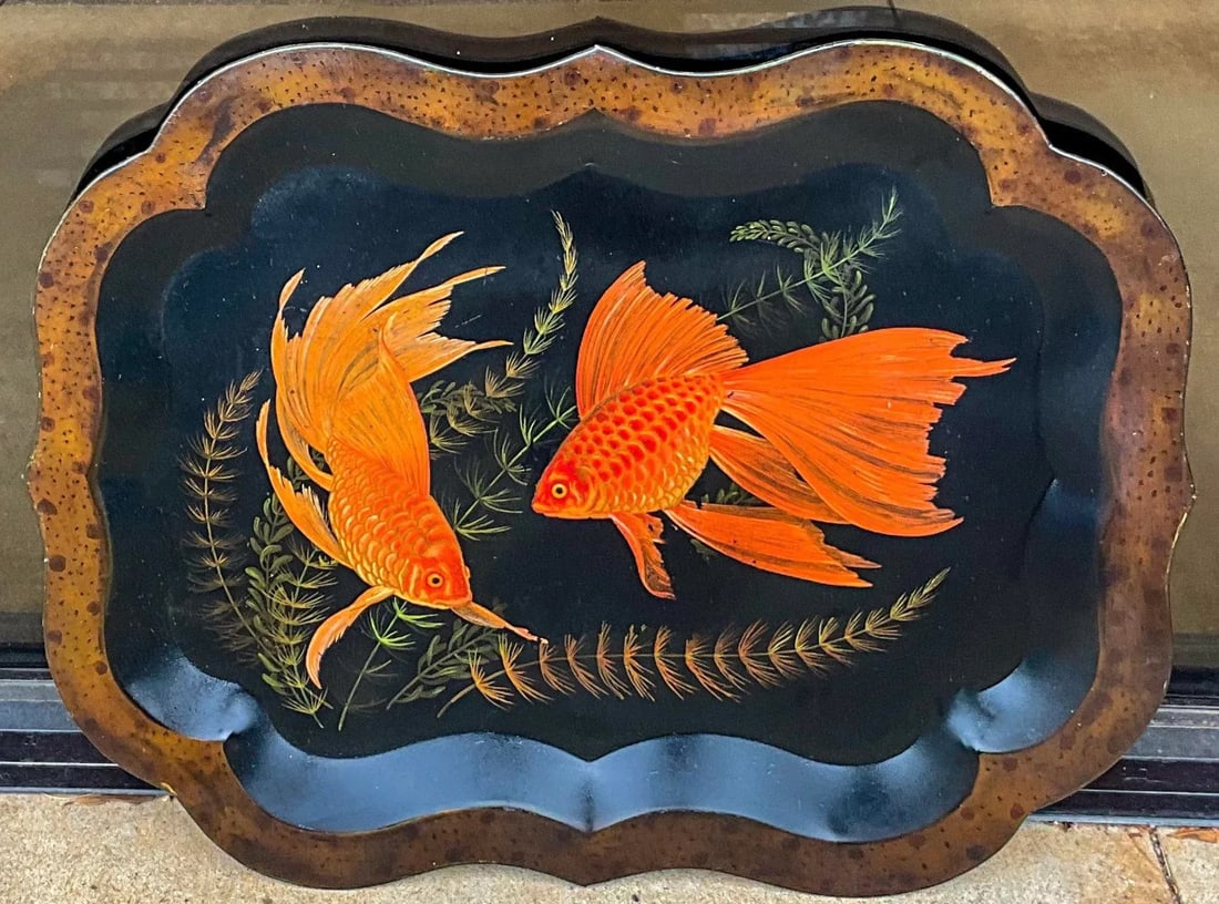 19th-C. English Tole Tray With Recent Faux Tortoise and Fish / Carp Painting - 4