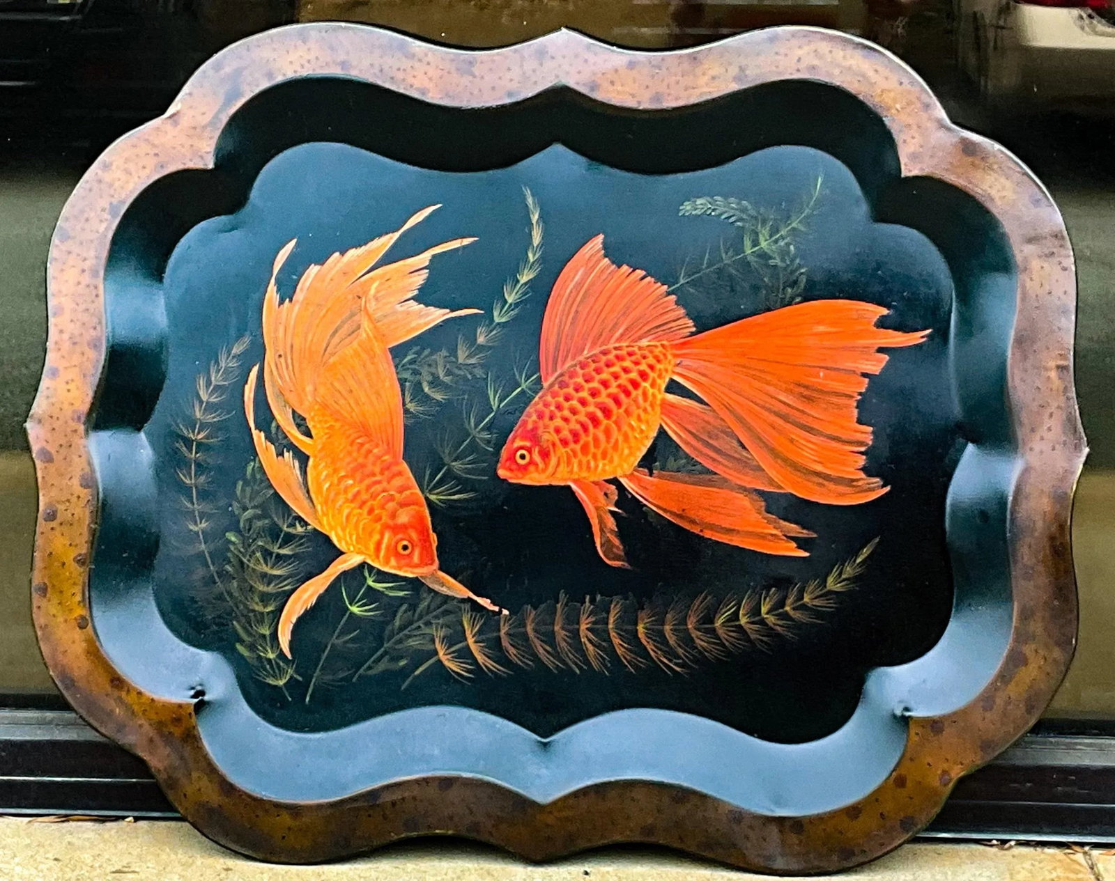 19th-C. English Tole Tray With Recent Faux Tortoise and Fish / Carp Painting - 5