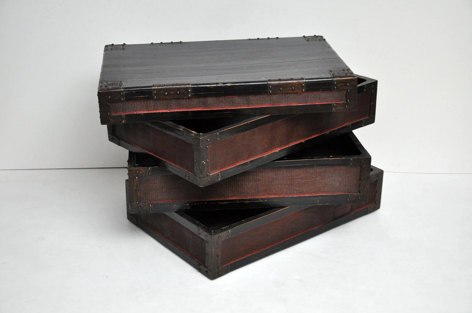 Antique Chinese Woven Bamboo Stacked Boxes - Set of 3 - 11