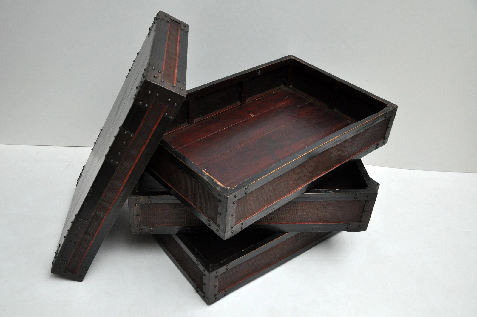 Antique Chinese Woven Bamboo Stacked Boxes - Set of 3 - 2