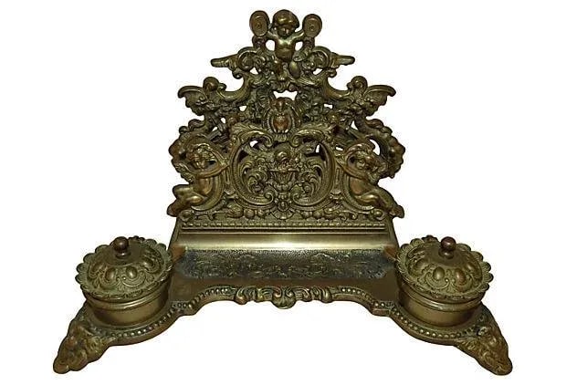 Antique French Louis XVI Style Bronze Double Inkwell and Letter Holder - 2