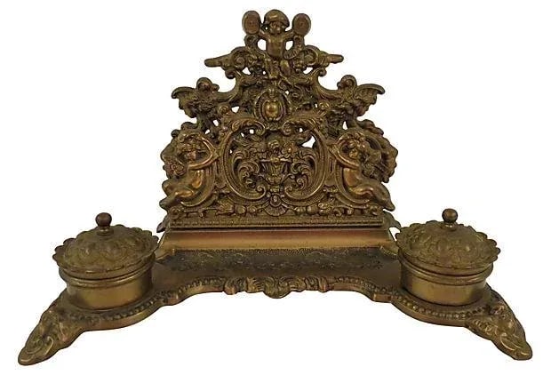 Antique French Louis XVI Style Bronze Double Inkwell and Letter Holder - 8