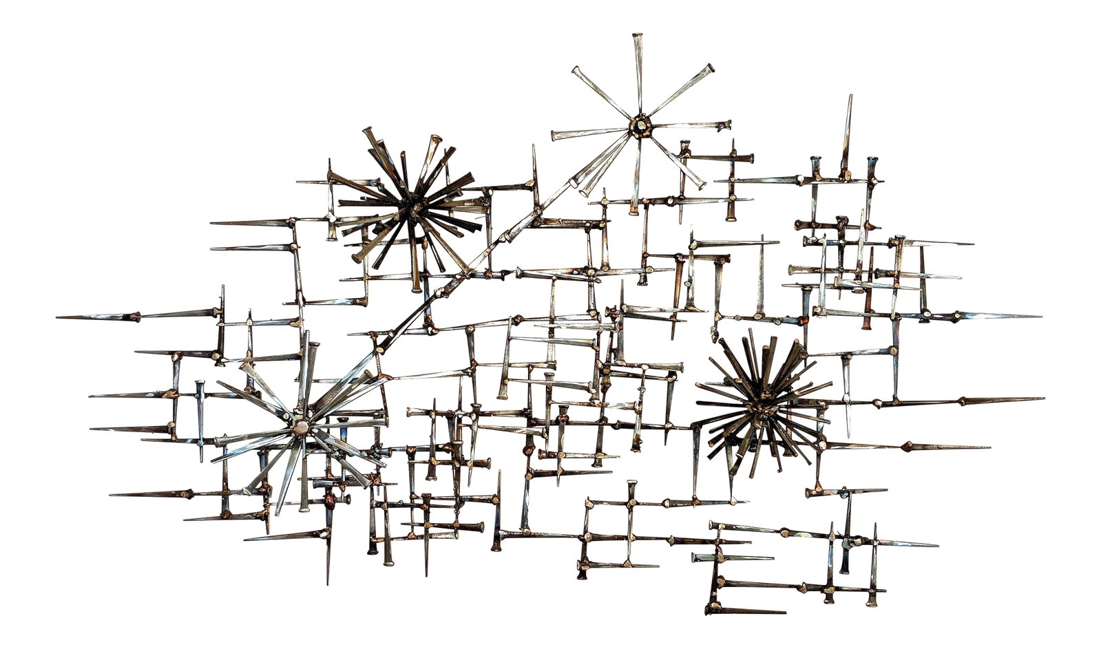 Abstract Pom Pom Nail Wall Sculpture: Sculpture is made of vintage mason nails and welded with bronze. I was created in-house by a local Artisan. A wonderful, unique addition to any mid century modern or eclectic decor. The sculpture will