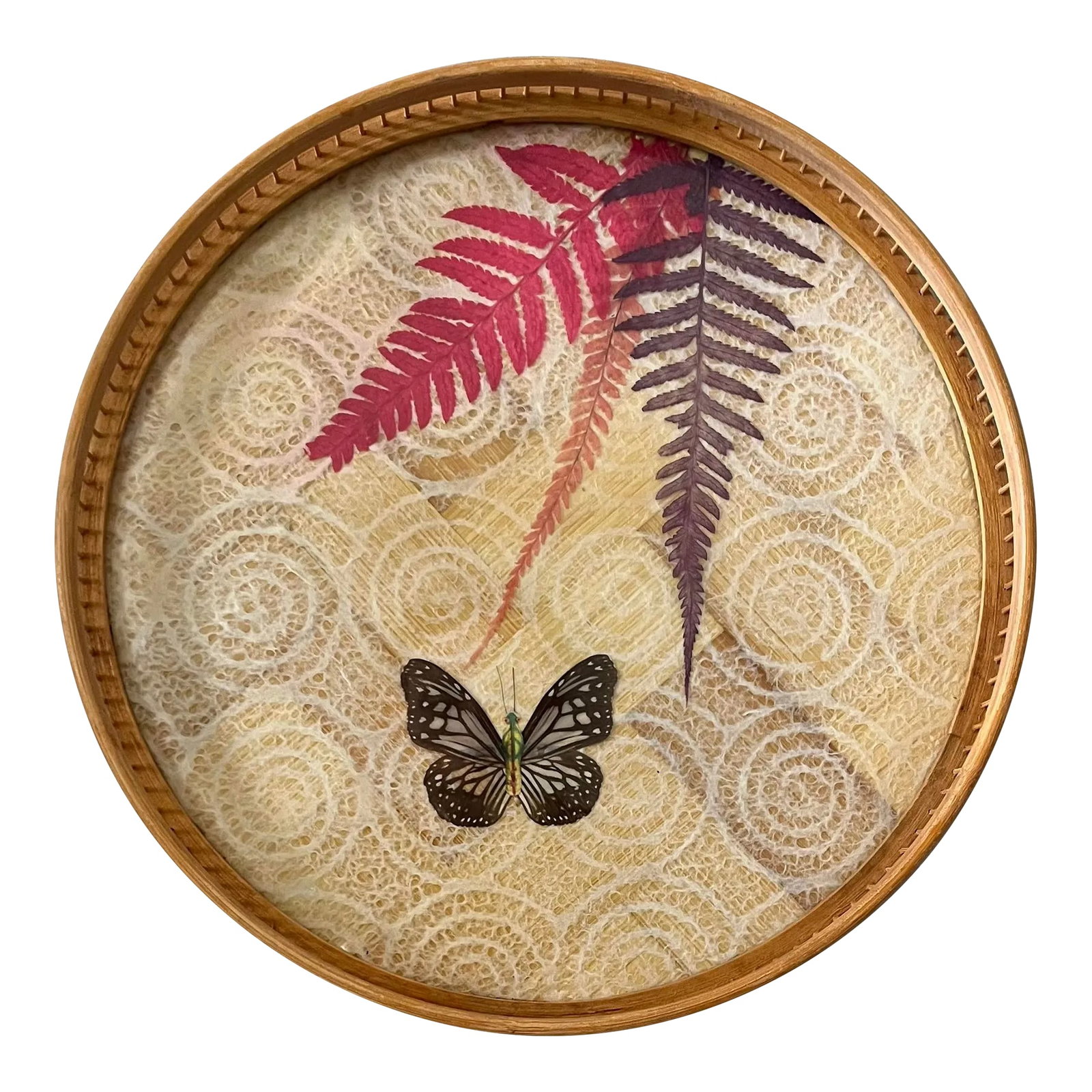 1970s Boho Chic Pressed Butterfly Bamboo Tray: Absolutely adorable pressed butterfly tray from the 1970s. The wings are real, the body is not. Accented with delicately dyed ferns, this is a sweet summertime piece! Dimensions are 11 x 11 x 1.5