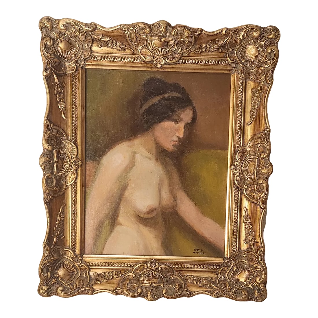 Mid 20th Century Nude Portrait Oil Painting on Canvas: Roy Charles Gamble was an American impressionist painter, muralist and portraitist with Detroit roots. As a young painter Gamble's studies and travels branched from Detroit to New York to Paris and ba