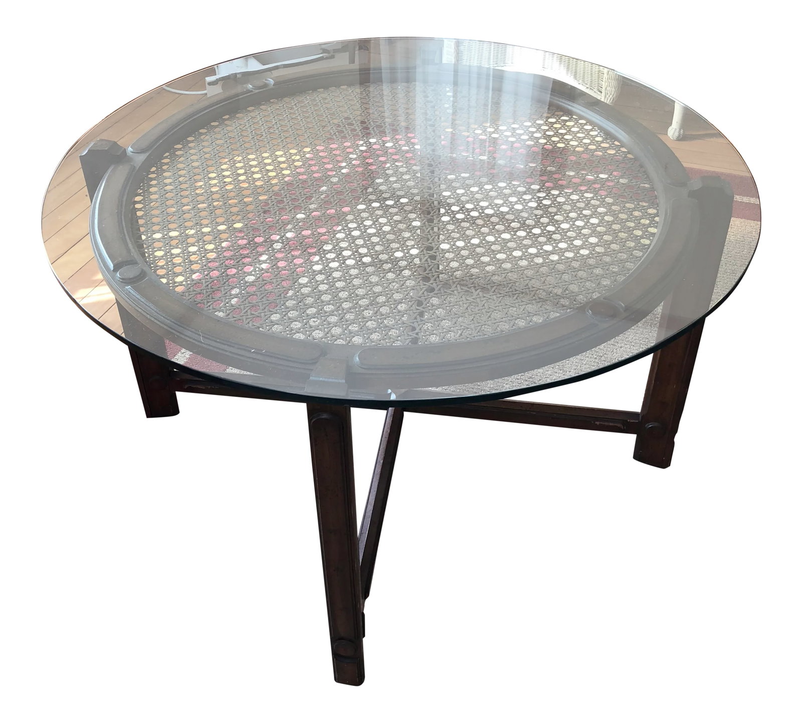 Mid-Century Cane & Wood Dining/Game Table: Gorgeous Mid Century game, dining, or kitchen table! Wood, caning and glass. In great condition with minimal surface scratches and small area of slight breakage of cane, see photos. The diameter