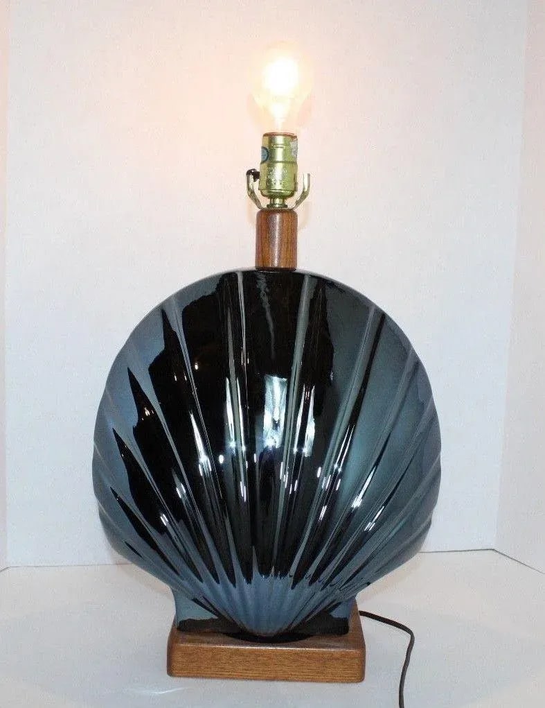 1950s Vintage Art Deco Style Large Metallic Blue Shell Table Lamp - 2