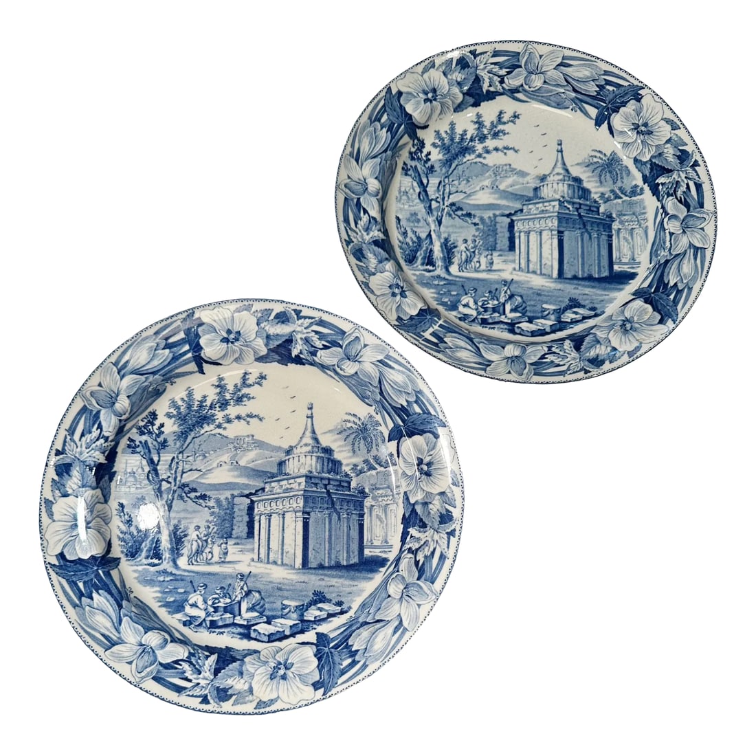 Wedgwood Absalon Plates - a Pair: Early 19th century pair of blue and white Pillar's Tomb plates by Wedgwood, English transfer ware. Wedgwood mark on the back. Condition: Alterations: Original Condition Unaltered Imperfections: Some