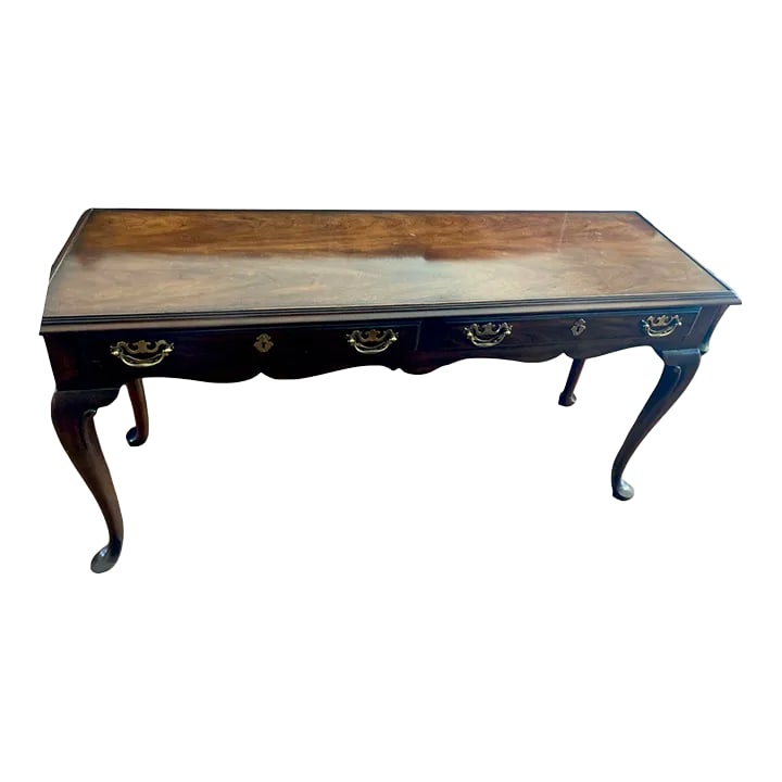 1990s Two Drawer Rectangular Signed Drexel Heritage Console Sofa Table on Cabriole Legs: A French Provincial Queen Anne Style traditional Drexel Heritage two-drawer console sofa table in a dark finish on cabriole legs. Ideal for a traditional style home. It can also serve as an entryway