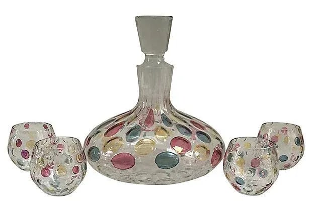 Mid-Century Vintage Iridescent Pink Blue & Yellow Decanter and Glasses - Set of 5 - 7