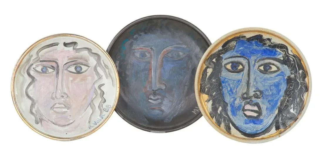 Vintage Glazed Ceramic Plates "Faces" by Mario Villa (Nicaraguan/Louisiana,1953-2021)- Set of 3 - 4