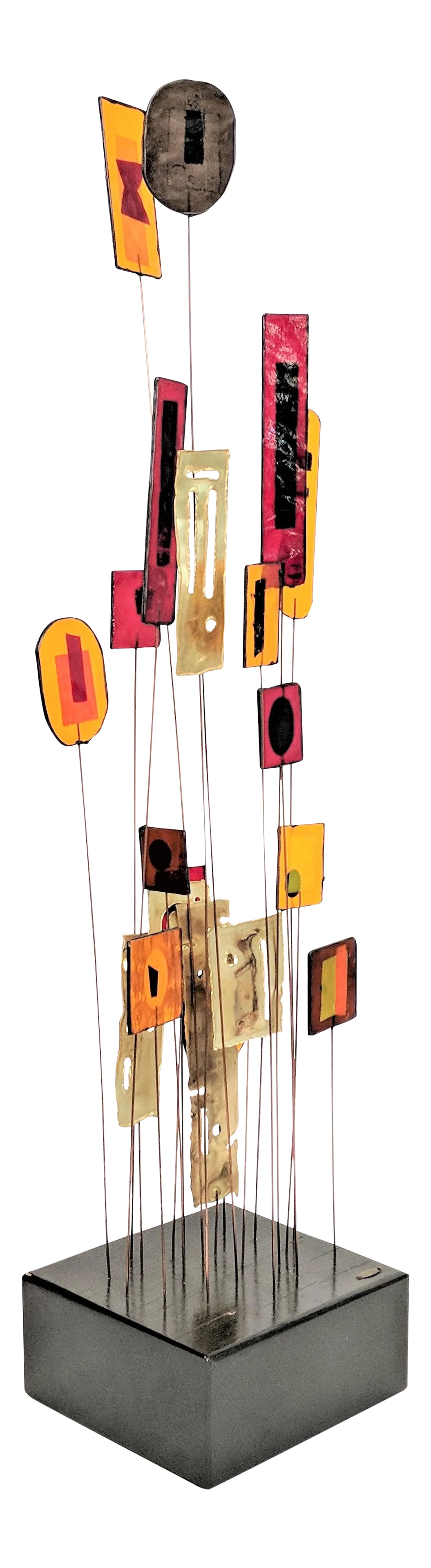 Curtis Jere Brass & Acrylic "Lollypop" Sculpture: Gorgeous and rare sculpture by Curtis Jere. Circa 1960. Colored acrylic is striking, especially when lit from the rear. Signed C.Jere on wooden base. Date is illegible. Base: 3.25 in. H Do to the deli