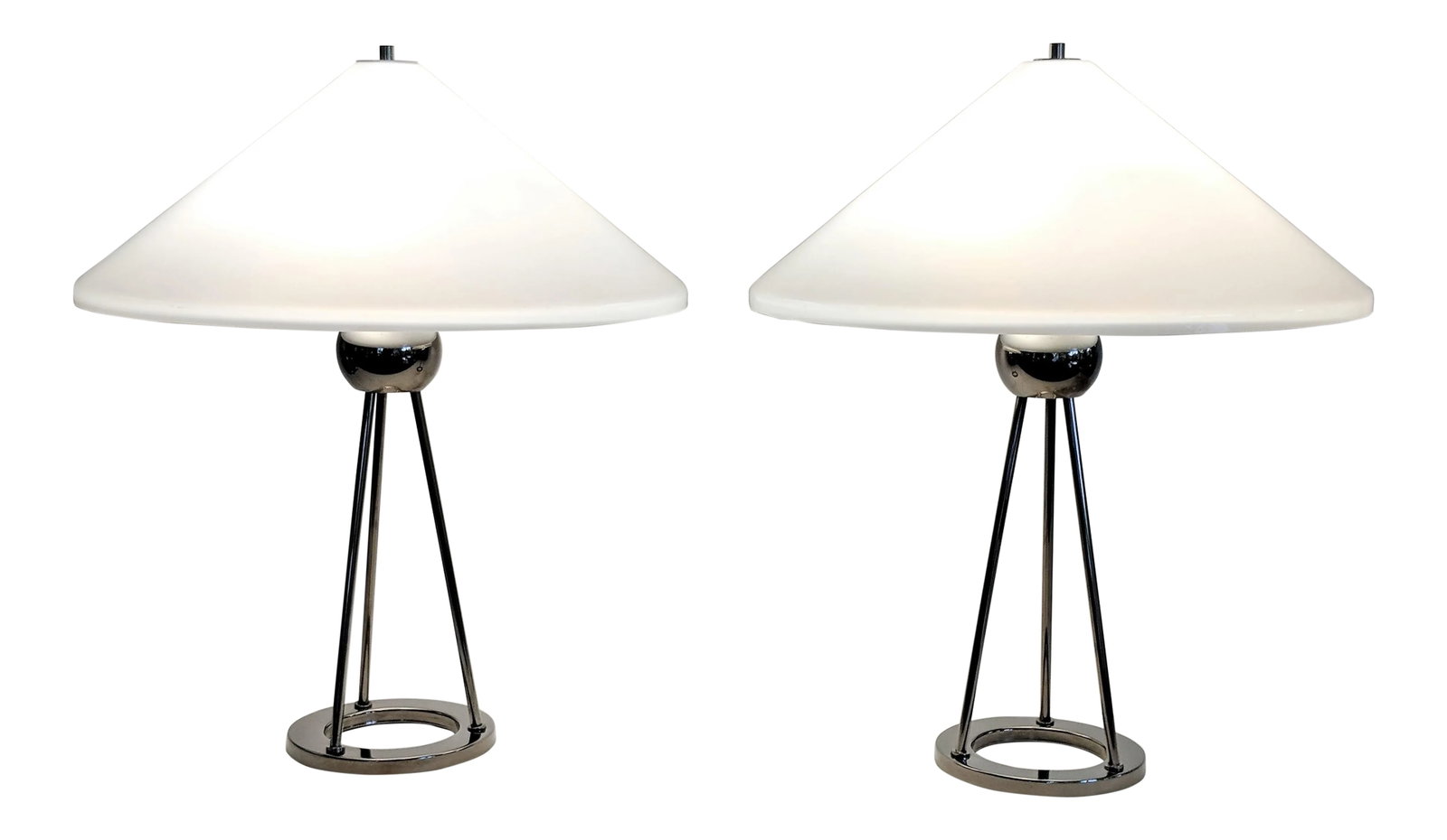 1970s Vintage Van Nessen Chrome and Lucite Table Lamps - A Pair: This is a pair of Van Nessen chrome and white lucite table lamps. The 1970s pieces give off a lovely ambient light. Condition: Alterations: Original Condition Unaltered Imperfections: Some