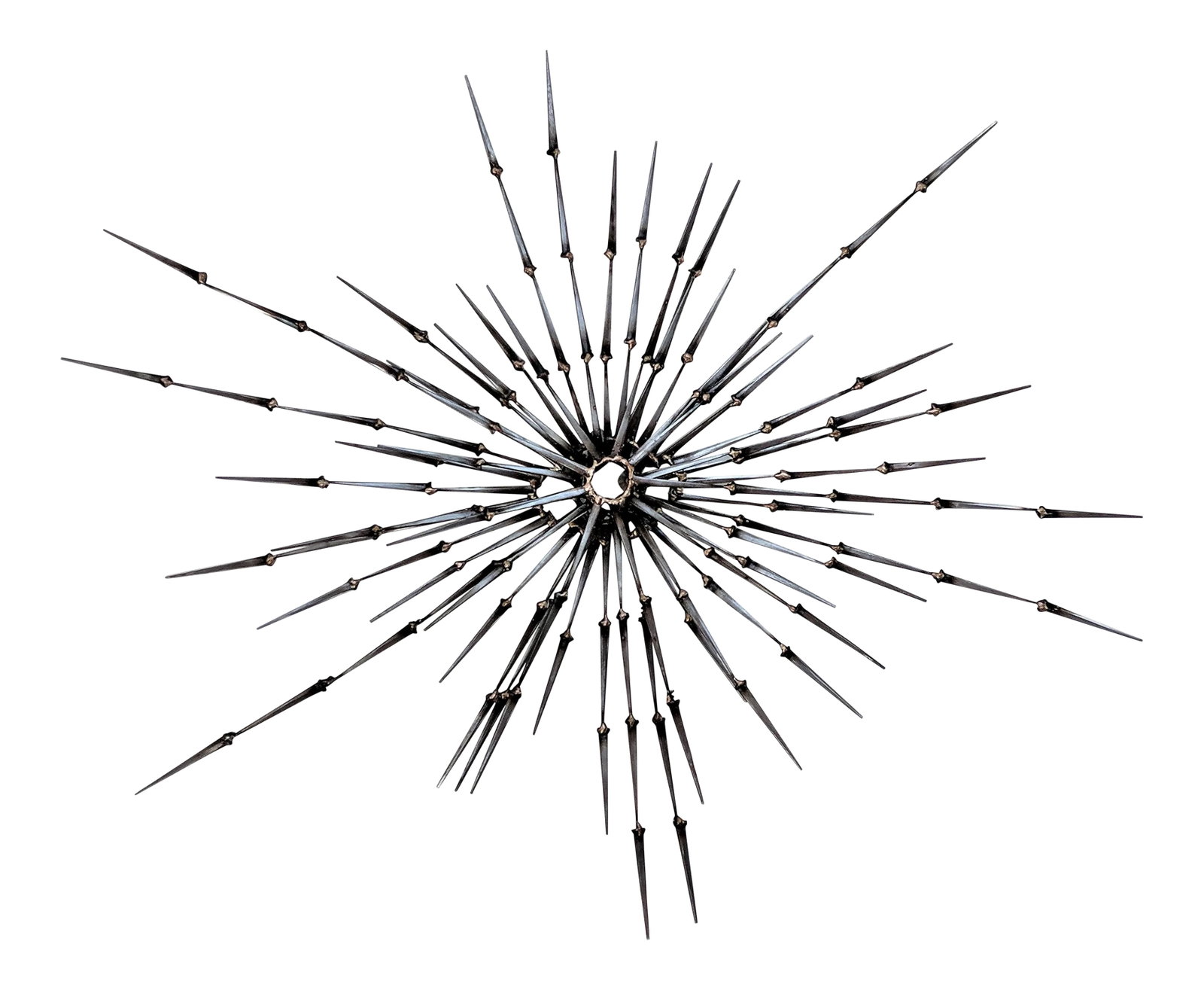 Abstract Brutalist Starburst Metal Sculpture: Sculpture is made of vintage cut masonry nails welded together with bronze to form a starburst. It is a multi-dimensional, layered piece. This sculpture was made by a local Artisan. Please inquire if