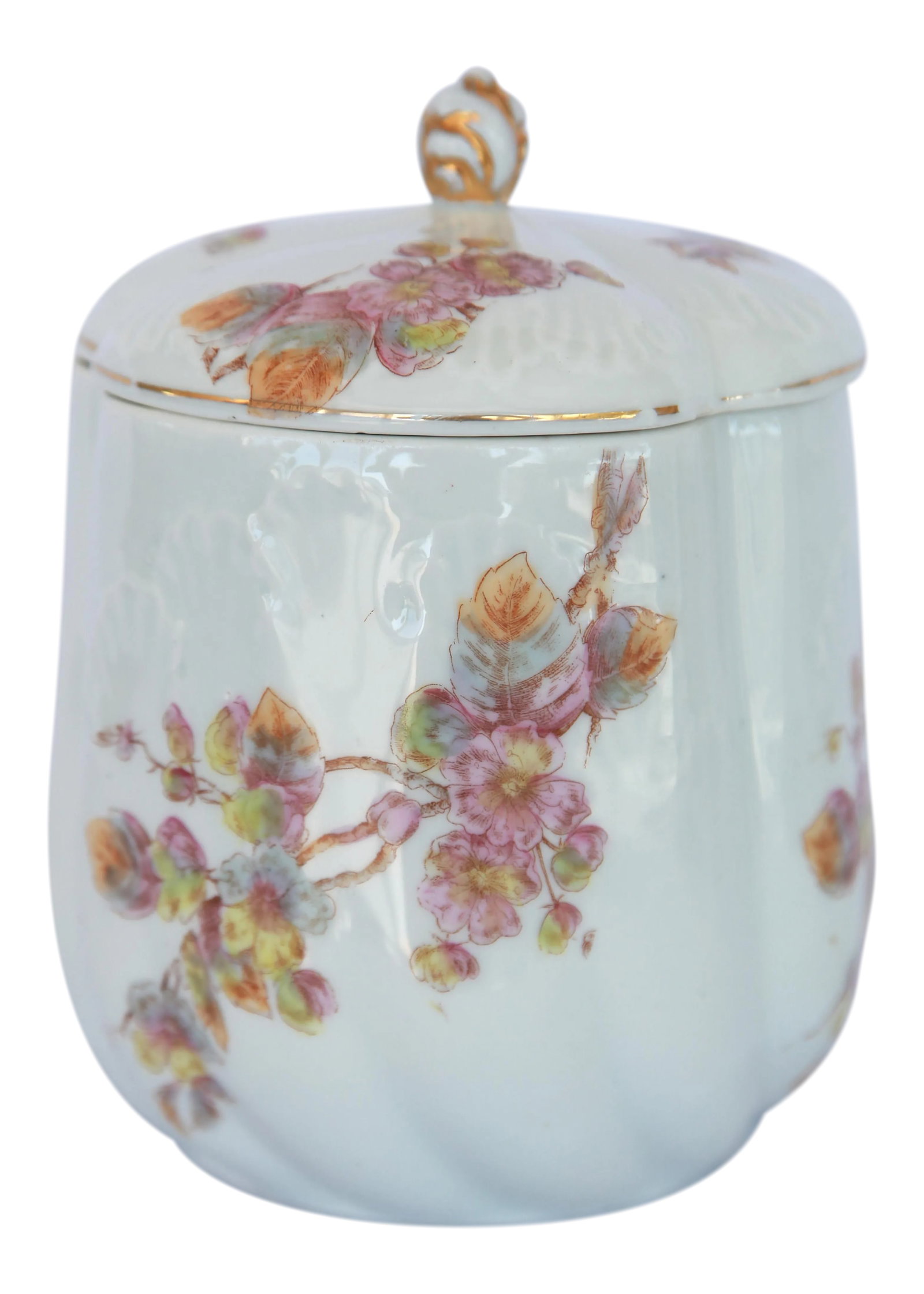 Antique French Porcelain Canister: Antique French hand-painted porcelain canister with gilded accents. Hairline crack and short repaired crack. Condition: Alterations: Original Condition Unaltered Imperfections: Some Imperfections