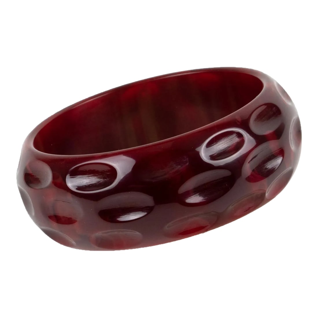 Bakelite Carved Bracelet Bangle Crimson Red Marble (1 of 4)