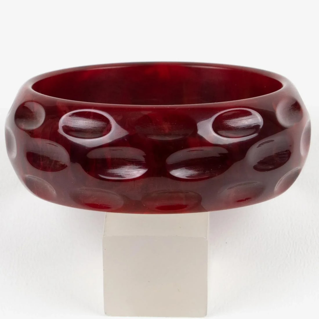 Bakelite Carved Bracelet Bangle Crimson Red Marble - 3